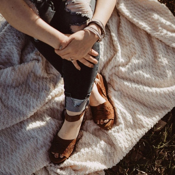 Artisan Crafted Shoes - Western hand tooled leather wedge summer sandals SOLD OUT -6